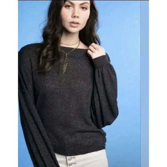 Free People We The Free Charcoal Hacci Knit Slouchy Top Wide Neck XS Boho Chic - Picture 1 of 15